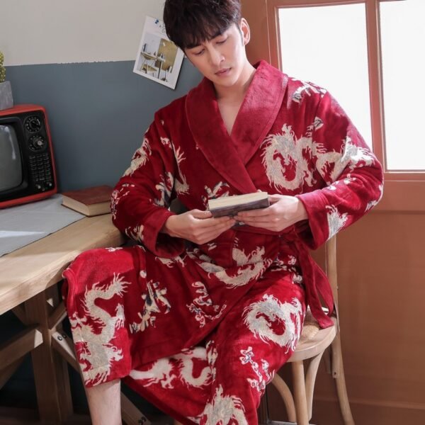 Asian Style Warm Flannel Nightgown Robe Couple Pajamas for Winter - Image 4