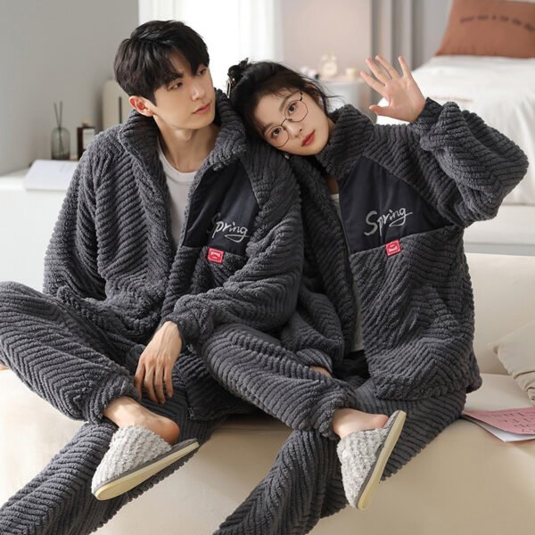 Handsome Flannel with Zipper Cardigan Couple Pajamas - Image 8