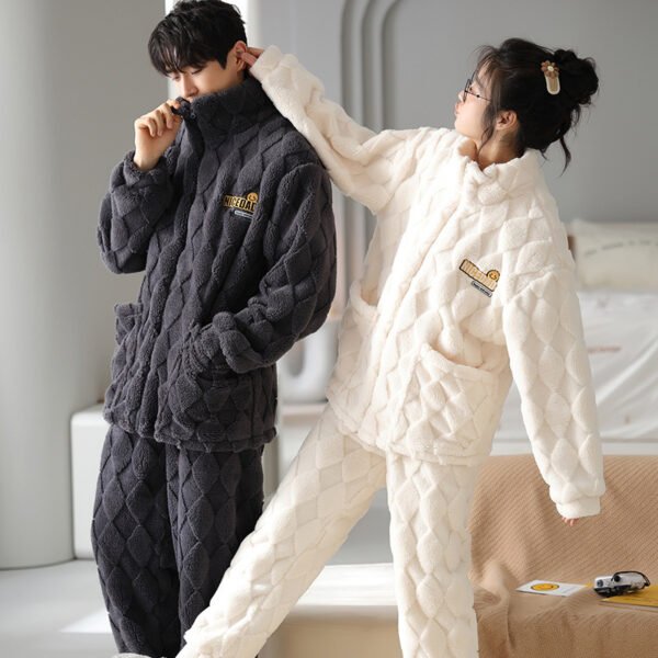 Handsome Flannel with Zipper Cardigan Couple Pajamas - Image 3