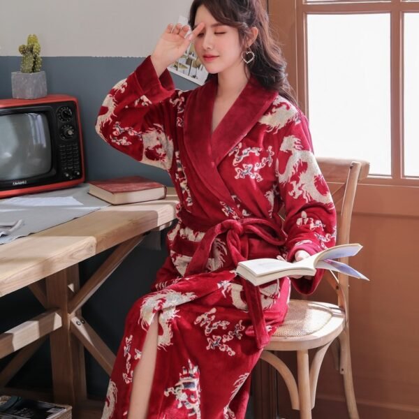 Asian Style Warm Flannel Nightgown Robe Couple Pajamas for Winter - Image 2